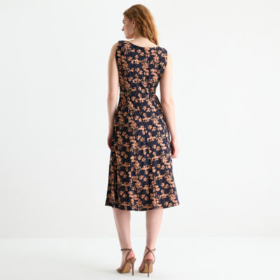 Perceptions Womens Sleeveless Floral Midi Fit + Flare Dress