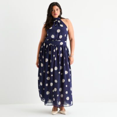 Worthington Womens Sleeveless Polka Dot Maxi Dress Plus