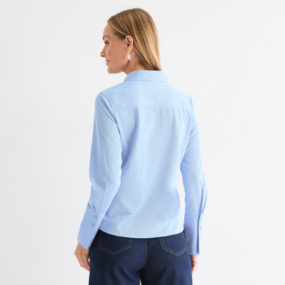Liz Claiborne Womens Long Sleeve Cuffed Sleeve Regular Fit Button-Down Shirt