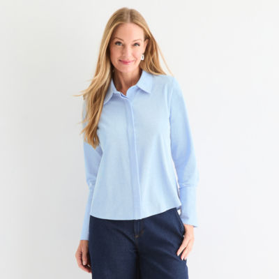 Liz Claiborne Womens Long Sleeve Cuffed Sleeve Regular Fit Button-Down Shirt