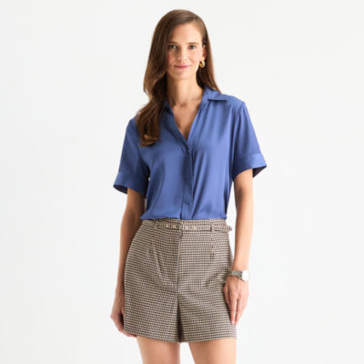 Worthington Womens Short Sleeve Satin Blouse