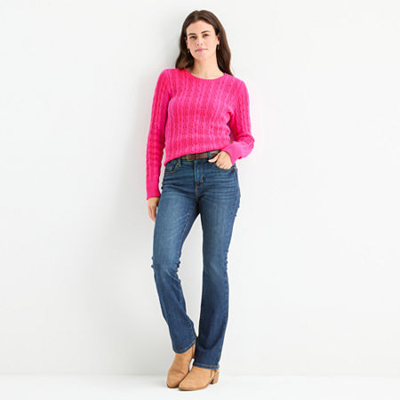 St. John's Bay Womens Crew Neck Long Sleeve Cable Knit Pullover Sweater In Pink