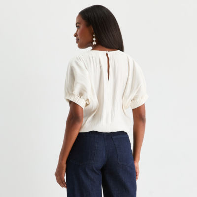Worthington Womens Round Neck Short Sleeve Blouse