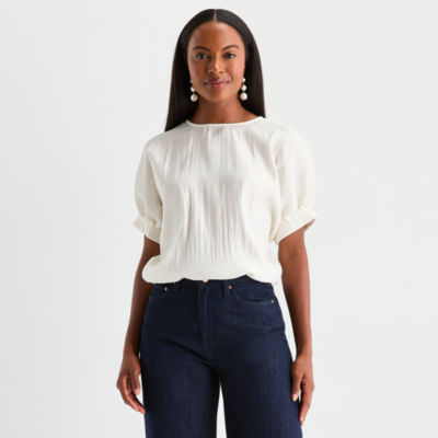 Worthington Womens Round Neck Short Sleeve Blouse
