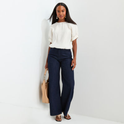 Worthington Womens Round Neck Short Sleeve Blouse