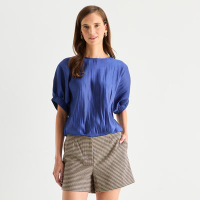 Worthington Womens Round Neck Short Sleeve Blouse