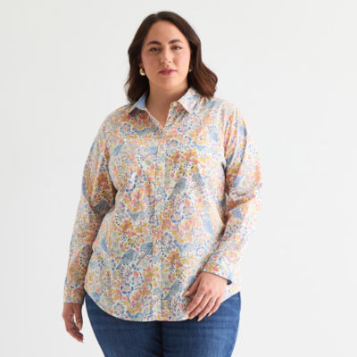 St. John's Bay Womens Long Sleeve Cuffed Sleeve Regular Fit Plus Button-Down Shirt