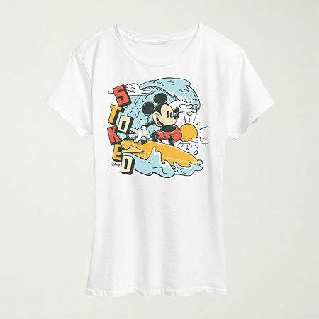 Womens Crew Neck Short Sleeve Regular Fit Mickey Mouse Graphic T-Shirt, Large, White