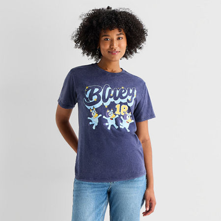 Bluey Boyfriend Tee Womens Juniors Crew Neck Short Sleeve Loose Fit Bluey Graphic T-Shirt, Large, Blue