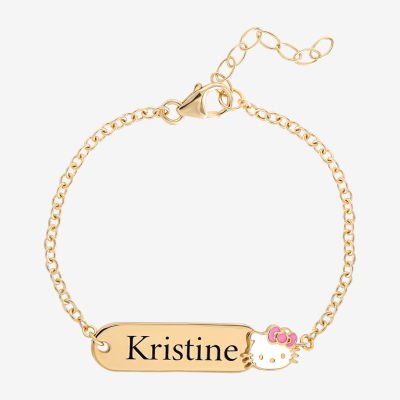 18K Gold Over Silver 5 Inch Hollow Link Hello Kitty Id Bracelet