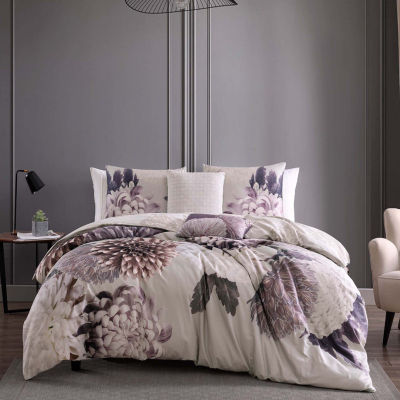 Dahlia Purple 100% Cotton Sateen 5 Piece Reversible Comforter Set