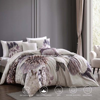 Dahlia Purple 100% Cotton Sateen 5 Piece Reversible Comforter Set