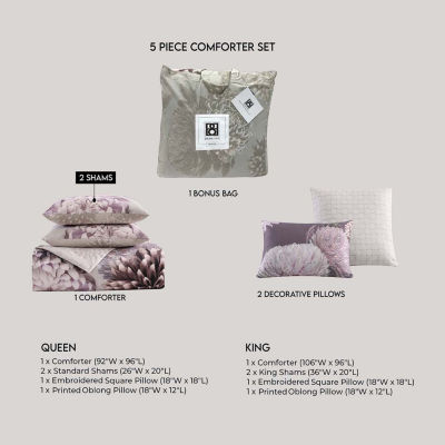 Dahlia Purple 100% Cotton Sateen 5 Piece Reversible Comforter Set