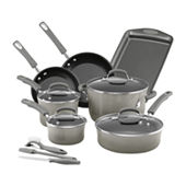 Country Kitchen 6 Piece Cast Aluminum Cookware Set - Nonstick Pots and Pans  with BAKELITE Handles and Glass Lids - Speckled Cream with Light Wood