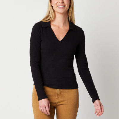 A.n.a Womens Ribbed Long Sleeve Polo Shirt