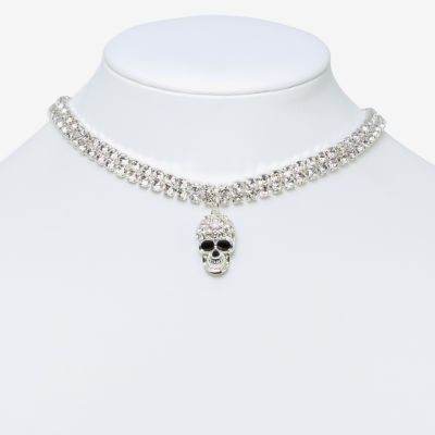 Bijoux Bar Silver Tone Glass 14 Inch Bead Skull Choker Necklace