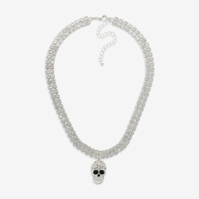 Bijoux Bar Silver Tone Glass 14 Inch Bead Skull Choker Necklace