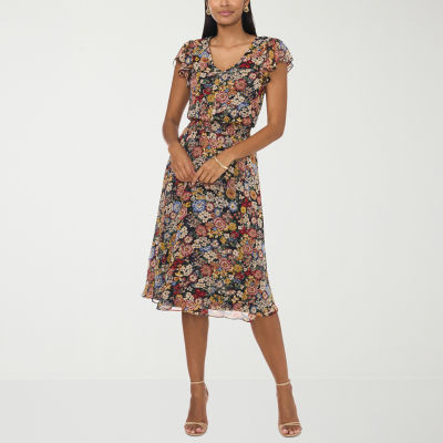 MSK Womens Short Sleeve Floral Midi Fit + Flare Dress