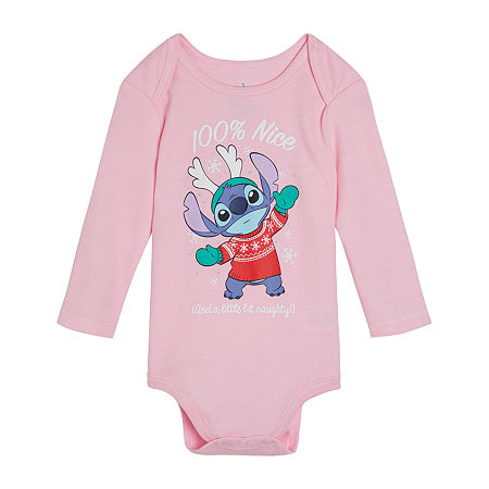 Disney Collection Baby Girls Crew Neck Long Sleeve Lilo & Stitch Bodysuit, 24 Months, Pink