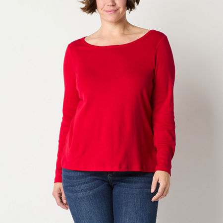 St. John's Bay Womens Crew Neck Long Sleeve Adaptive Easy-on + Easy-off T-Shirt, Medium, Red