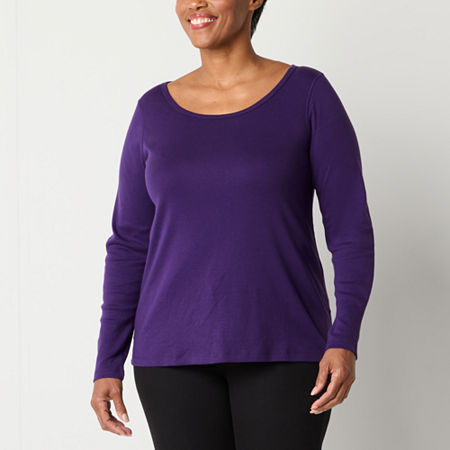 St. John's Bay Womens Crew Neck Long Sleeve Adaptive Easy-on + Easy-off T-Shirt, Large, Purple