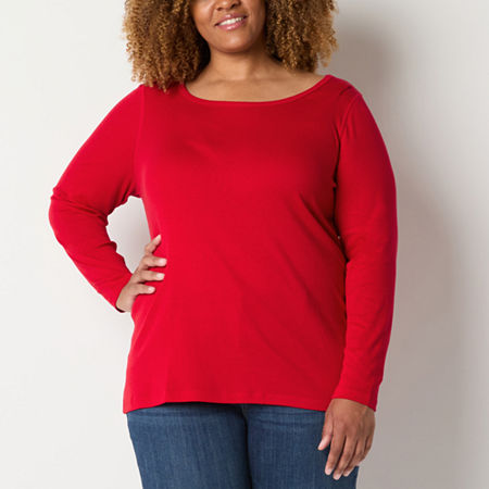 St. John's Bay Womens Plus Crew Neck Long Sleeve Adaptive Easy-on + Easy-off T-Shirt, 0x, Red