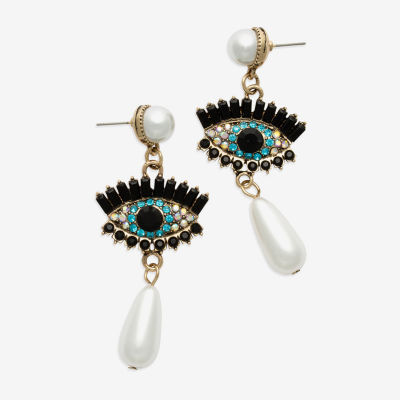 Bijoux Bar Gold Tone Glass Simulated Pearl Evil Eye Drop Earrings