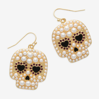 Bijoux Bar Gold Tone Glass Simulated Pearl Skull Drop Earrings