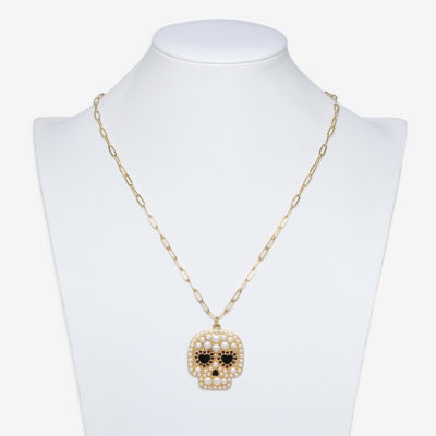 Bijoux Bar Gold Tone Glass 33 Inch Link Skull Pendant Necklace