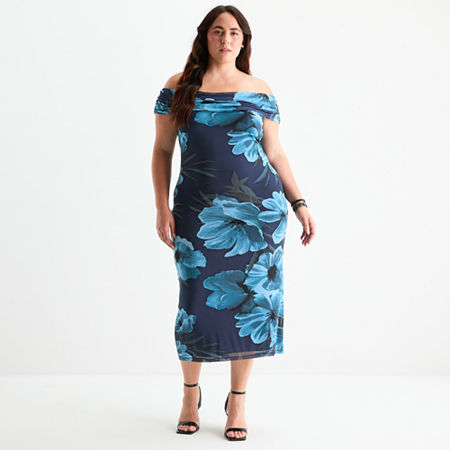 Premier Amour Off The Shoulder Womens Short Sleeve Off the Shoulder Midi Floral Plus, 20w, Blue