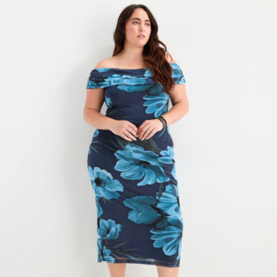 Premier Amour Womens Off The Shoulder Short Sleeve Floral Midi Sheath Dress Plus