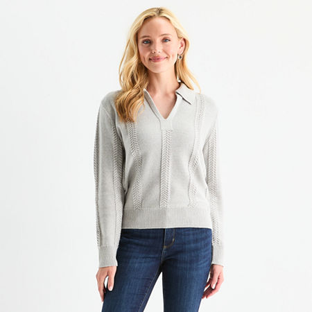 St. John's Bay Womens Long Sleeve Pullover Sweater In Gray