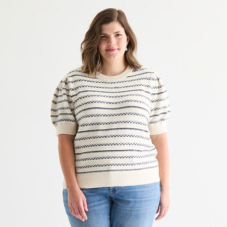 St. John's Bay Plus Womens Crew Neck Short Sleeve Cable Knit Pullover Sweater, 2x, White