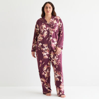 Ambrielle Womens V-Neck Long Sleeve 2-pc. Plus Pajama Sets - JCPenney