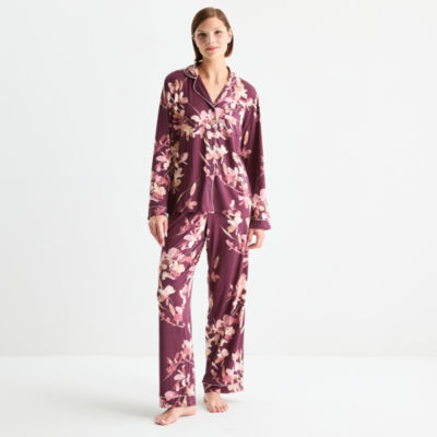 Ambrielle Womens V-Neck Long Sleeve 2-pc. Pajama Sets