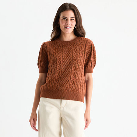 St. John's Bay Womens Crew Neck Short Sleeve Pullover Sweater, Small, Brown