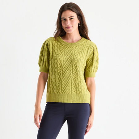 St. John's Bay Womens Crew Neck Short Sleeve Pullover Sweater In Green