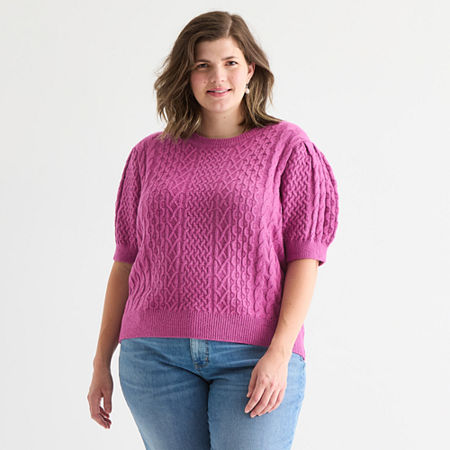 St. John's Bay Plus Womens Crew Neck Short Sleeve Cable Knit Pullover Sweater