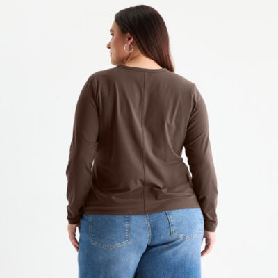 a.n.a Womens Round Neck Long Sleeve Plus T-Shirt