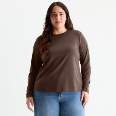 a.n.a Womens Round Neck Long Sleeve Plus T-Shirt