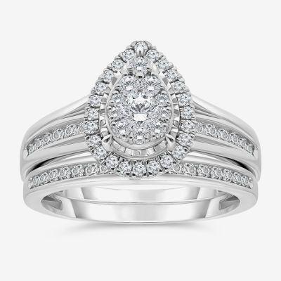 (I / I1) Womens 1 CT. T.W. Lab Grown White Diamond 10K White Gold Pear Side Stone Bridal Set