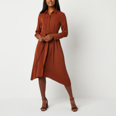 Worthington Long Sleeve Shirt Dress, Color: Brandy Brown - JCPenney