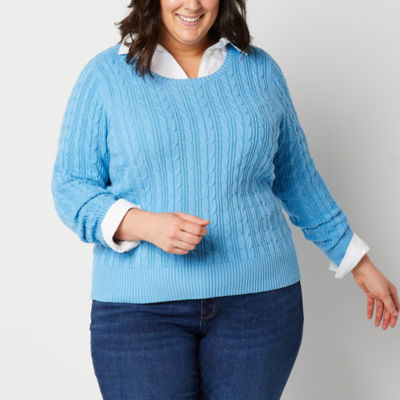 St. John's Bay Plus Womens Crew Neck Long Sleeve Cable Knit Pullover
