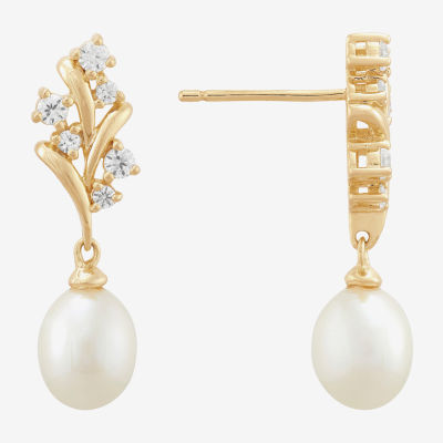 White Cultured Freshwater Pearl 14K Gold Over Silver Sterling Silver Oval Drop Earrings