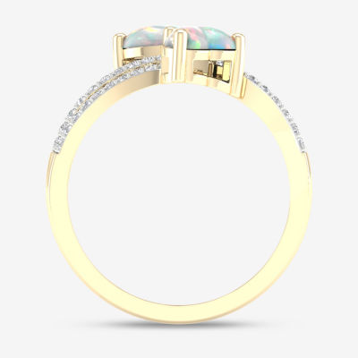 Womens 1/5 CT. T.W. Genuine White Opal 10K Gold Heart Crossover Cocktail Ring