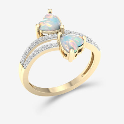 Womens 1/5 CT. T.W. Genuine White Opal 10K Gold Heart Crossover Cocktail Ring