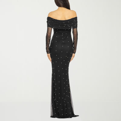 Premier Amour Off The Shoulder Womens Long Sleeve Pearl Trim Evening Gown