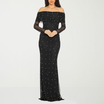 Premier Amour Off The Shoulder Womens Long Sleeve Pearl Trim Evening Gown