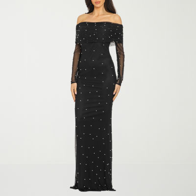 Premier Amour Off The Shoulder Womens Long Sleeve Pearl Trim Evening Gown