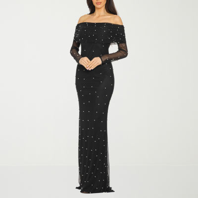 Premier Amour Off The Shoulder Womens Long Sleeve Pearl Trim Evening Gown